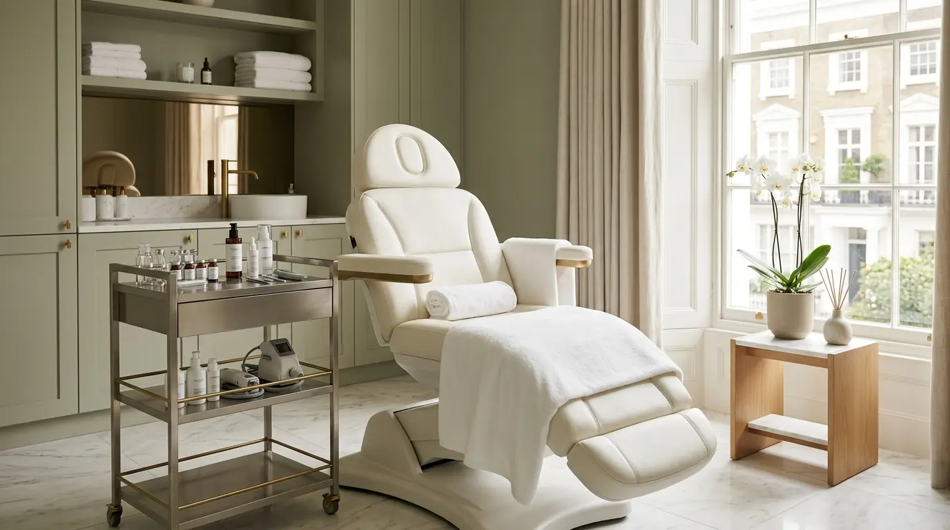 1. Aesthetic treatment chair London clinic with orchid decor and clinical lighting.