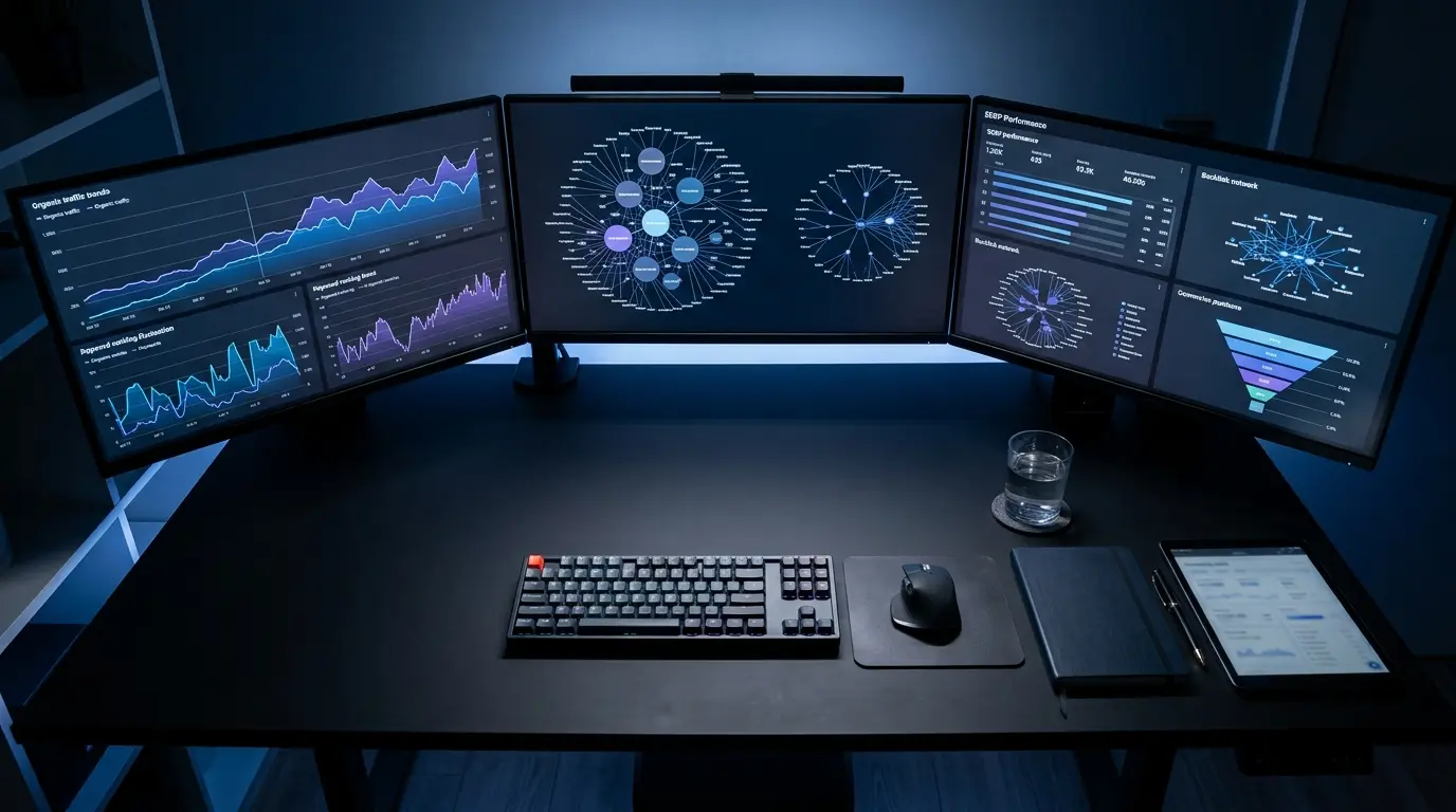 1. B2B SEO strategy workspace with analytics screens and a Strategy Planning notebook.