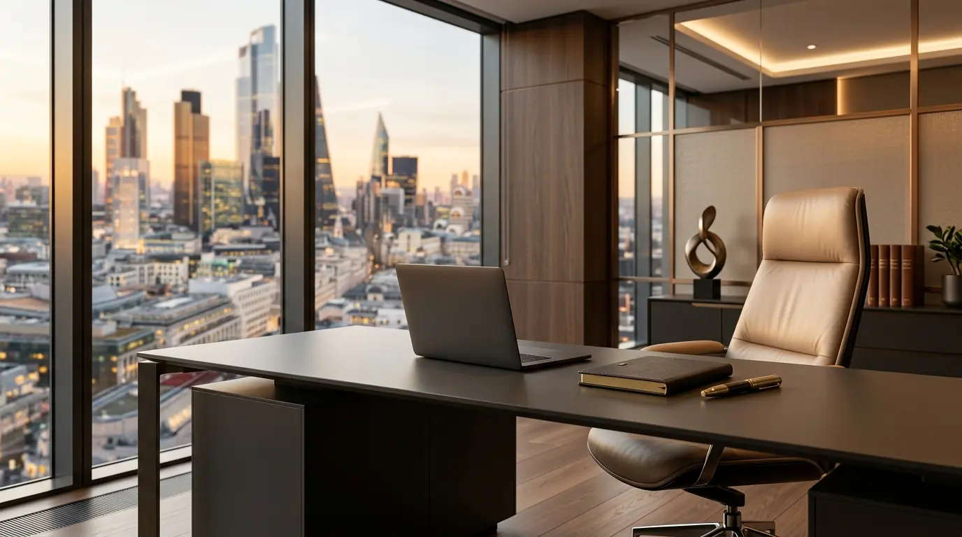 1. CFD broker London premium workspace with executive desk and sunset city panorama.