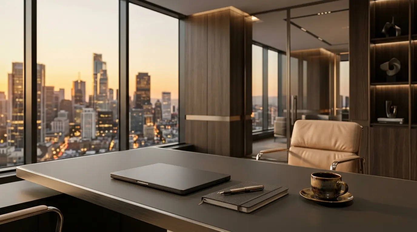 1. Financial editorial executive desk with laptop and notebook in a luxury office setting.