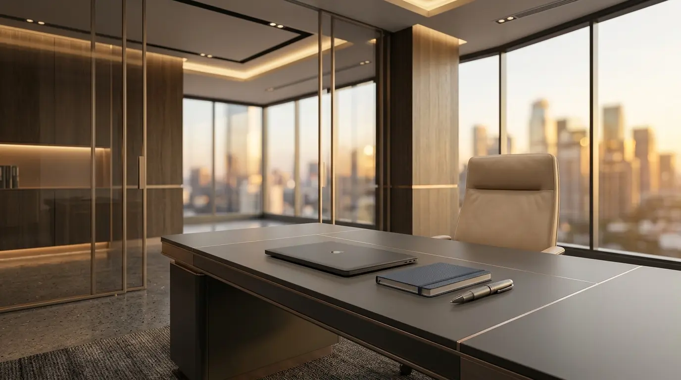 1. London skyline at dusk viewed from a trading office with premium interior design.